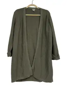 Chicos Green Ribbed Knit Roll Tab Sleeve Cardigan Sweater Duster Womens L Preppy