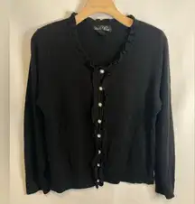 Brandon Thomas Black Button Down Sweater XL Vintage Pearl Buttons Ruffle