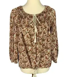 Boho Paisley Tie Neck Peasant Top Women’s Small