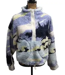 SO Womens Fuzzy Pullover Half Zip Sweatshirt Blue Lavender Pattern M