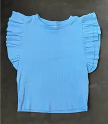 Blue Cropped ZARA Top with Ruffle Sleeves