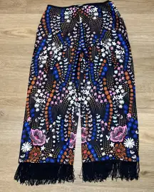 Maeve Women’s 8 Pants Floral Fringe Satin Crop Boho Festival Maximalist Artsy