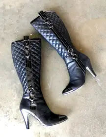 Quilted Black Leather Heeled Tall Boots