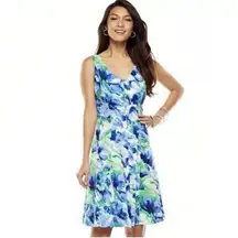 NWT Chaps Baja Blue Green Floral Print Sleeveless A-Line Dress Sz 16 Travel Boss