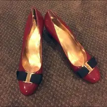 Nine West  Dark Red Patent Heels With Black & Gold