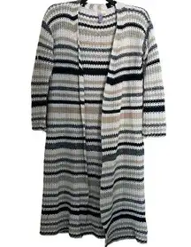 Alya  White & Tan Striped Open Knit Duster Cardigan - Size Small - Open Sweater