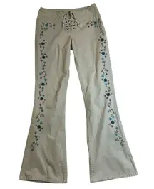Vintage Y2K Mudd Lace-Up Front Tie Flare Jeans Size 3 Floral Embroidered RARE