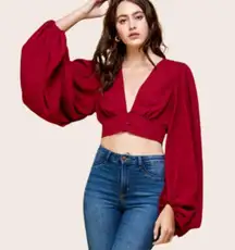 Signature8 Elegant Red Deep V-Neck Blouse Statement Puff Sleeves
