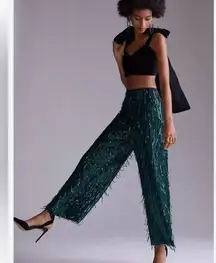Anthropologie Maeve Sequin Embellished Trousers in Green Black Sparkle
