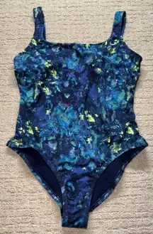 Nike One Piece Swimsuit Women’s Large Blue Green Abstract Print Athletic NWOT