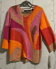 Coldwater Creek V-Neck Sweater in Pink, Orange, and Red