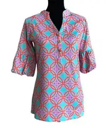 Tracy Negoshian Womens Top Size XXS Piper Bell Sleeve Tapestry Turquoise Print