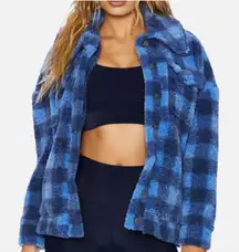 Beach Riot Womens Buffalo Check Button front Fleece‎ Sherpa Jacket Blue XS