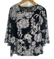 Kasper Black & White Floral Scoop Neck 3/4 Bell Sleeve Blouse‎ Sz MD