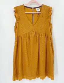 Knox Rose  Eyelet Ruffle A-Line Mini Dress Sz S Yellow Mustard V-Neck Flutter Slv