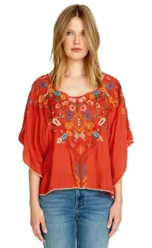 Johnny Was Biya Red Floral Embroidered Lombriga Cupra Blouse Top Size Medium