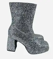 Women Size 7.5 M Silver Glitter Gogo Ankle Boots Chunky Heel Platform Booties