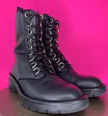 Zara Black Leather Gold Lace Loop High Ankle Chunky Sole Combat Boot Sz 38