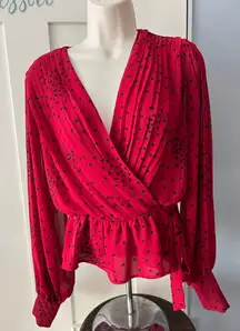 Express Red Blouse with Black Heart Pattern