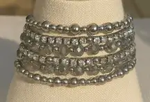 Vintage Y2K Womens Chunky Silver Beaded Rhinestone Slinky Wrap Bracelet Glam 90s