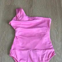 Pink, crossed back body suit, one shoulder