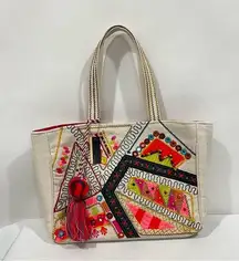 Heavy Canva Tote Embroidered Cream Bag Pom Pom Lined Aztec Print Multicolored
