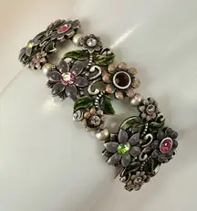 Pink and purple floral rhinestone wide stretchy bracelet