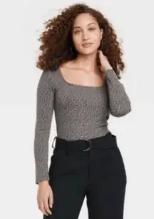 A New Day Women’s Square Neck Fitted Bodysuit M Long Sleeve Leopard Animal Print