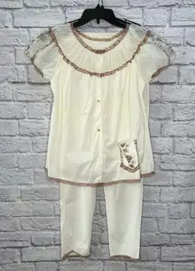 Vintage Rogers 2pc Womens Pajama Set Short Sleeve Pants Size 32 S Ivory Lace