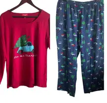 Christmas PJs Set Women 1X Red Long Sleeve Holiday Novelty‎ Print Lounge Festive