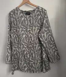 Tahari 1X Palm Print Button Up Shirt Grey Black European Flax Linen Resort