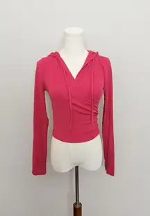Anna Kaci Hoodie Top Crop Lightweight Faux Wrap Athleisure Lounge Athletic Pink