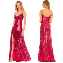 Mac Duggal NEW Sequin Embellished V Neck Sleeveless High Slit Gown Red Pink 8