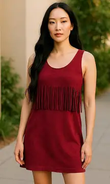 Poof! Womens Bodice Fringe Dress Microsuede Burgundy NEW‎ Size Small