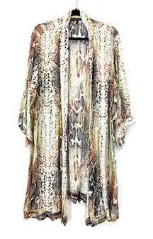 Olivaceous Snakeskin Abstract Print Kimono Cardigan Women's L Draped Open Front