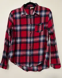 Passport Plaid Flannel Button-Up Shirt Red Navy White Size Large 100% Cotton‎