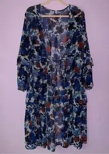 Dress Barn Duster XL Sheer Floral Robe Ruffle Tiered Longline Tie Front