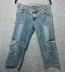 Y2K Women's Cargo Capri Jeans Size 7/8 Low Rise Distressed Pockets‎ USA