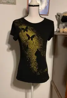 Black And Gold Glitter Cat Butterfly T Shirt