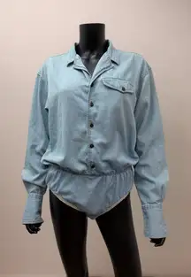 Vintage Lizwear Denim Bodysuit Shirt Women's L Button Front 80s 90s Snap