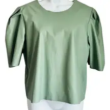 Moss Green Pleather Puff Sleeve Elbow Length Tee size M Polyester Round Neck Top