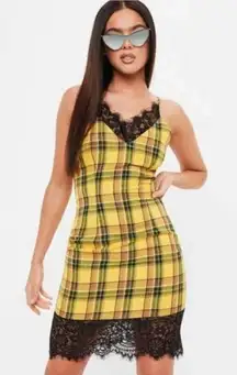 Missguided x Madison Beer Yellow Plaid Lace Trim Bodycon Mini Dress Strappy S 4