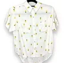 NWT Rae Dunn Linen Rayon High Low Pineapple Print Short Sleeve Button Up - Small