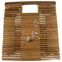 Vintage Bamboo Folding Packable Hand painted Cherry Blossom Floral Flower Purse