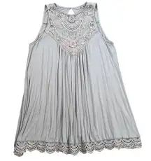 Jodifl Crochet Neck Lace Trim Tunic Women's Large Gray Drape Sleeveless Top