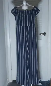 Windsor Cap Sleeve Navy/White Striped Jumpsuit M Nautical Quiet Luxury Classic