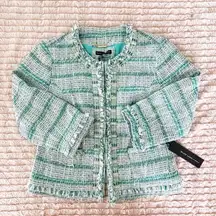 Chico's  Black Label Tweed Embellished Teal and Cream Lined Blazer Jacket S NWT