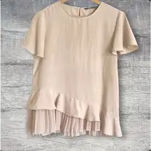 Zara Short Flutter Sleeve Blouse Womens M Pleated Ruffle Hem Beige Chiffon Flowy