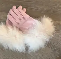 Pink cashmere lined leather gloves with rabbit fur trim