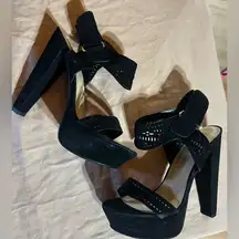 Women 9 speed limit 98 suede like black platform chunky heels w ankle strap